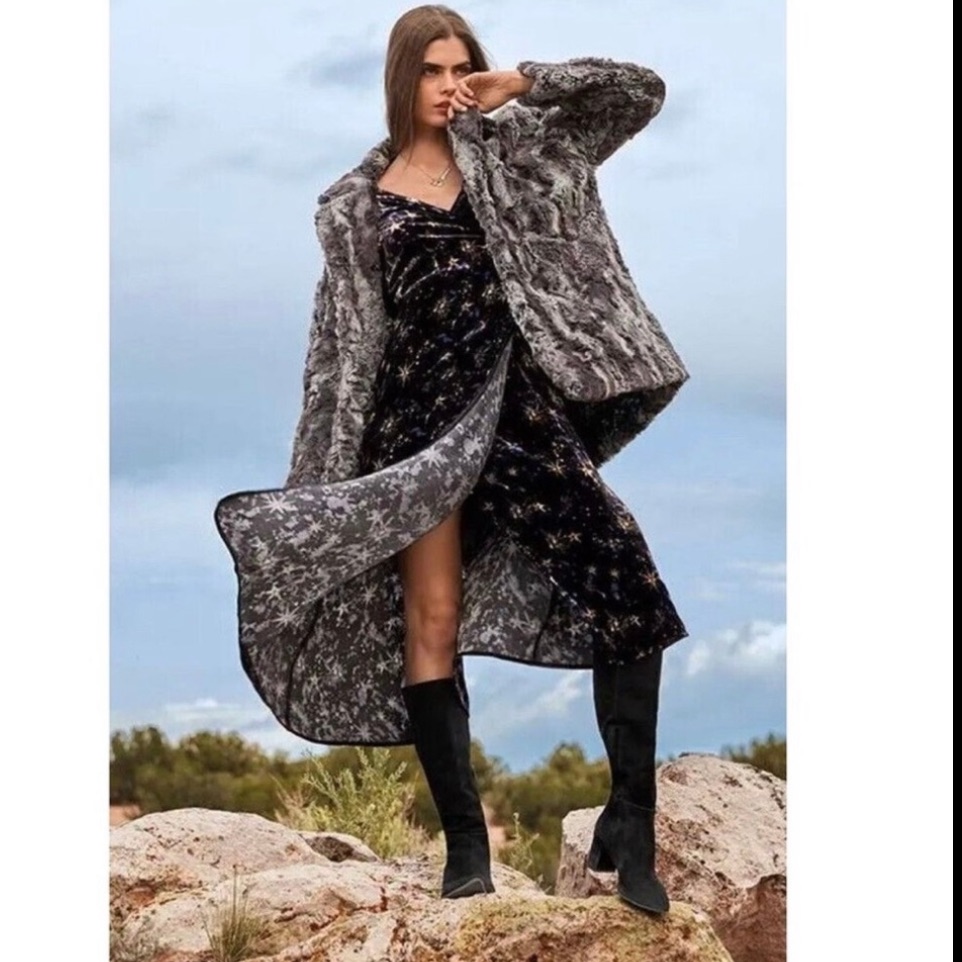Johnny Was Velvet Burnout Black Star Celestial Patterned Midi Dress Xs